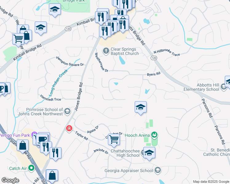 map of restaurants, bars, coffee shops, grocery stores, and more near 4925 Byers Road in Alpharetta