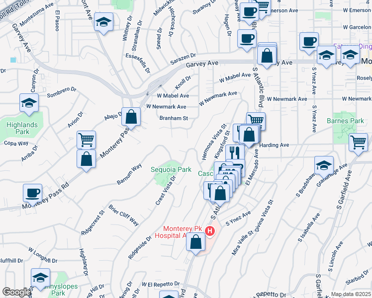 map of restaurants, bars, coffee shops, grocery stores, and more near 610 Crest Vista Drive in Monterey Park
