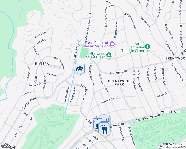 map of restaurants, bars, coffee shops, grocery stores, and more near 150 South Rockingham Avenue in Los Angeles