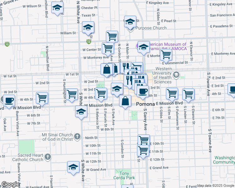 map of restaurants, bars, coffee shops, grocery stores, and more near 363 West 4th Street in Pomona