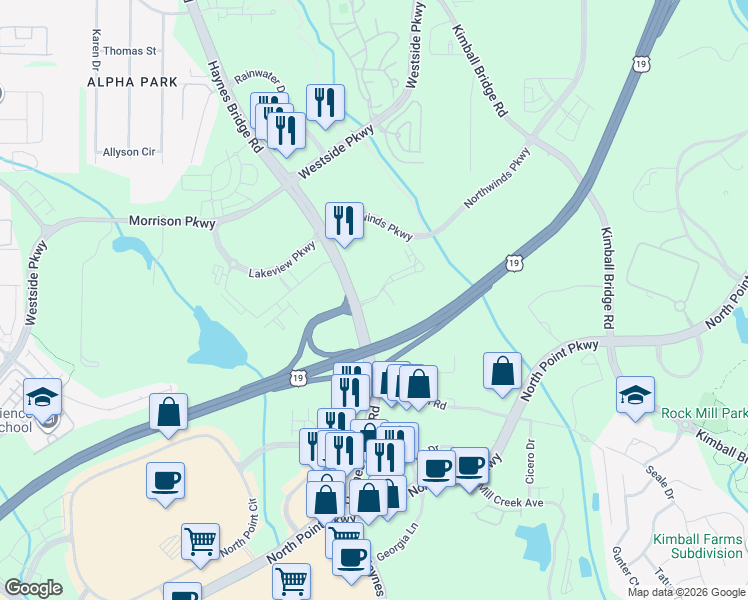 map of restaurants, bars, coffee shops, grocery stores, and more near Summit Place in Alpharetta