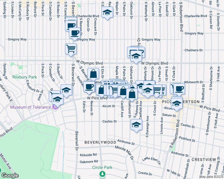 map of restaurants, bars, coffee shops, grocery stores, and more near 1128 Rexford Drive in Los Angeles