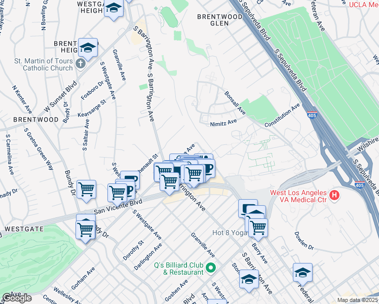 map of restaurants, bars, coffee shops, grocery stores, and more near 11636 Montana Avenue in Los Angeles