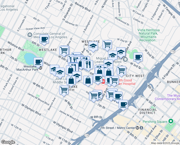 map of restaurants, bars, coffee shops, grocery stores, and more near 1401 West 6th Street in Los Angeles