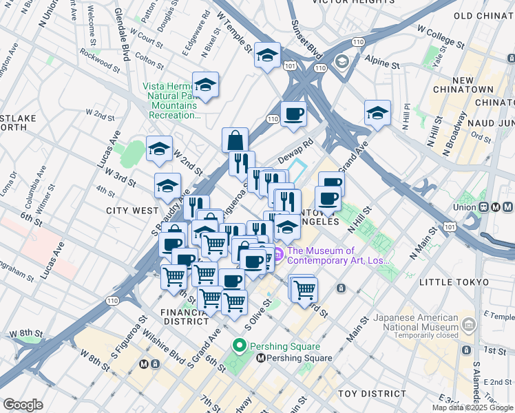 map of restaurants, bars, coffee shops, grocery stores, and more near in Los Angeles