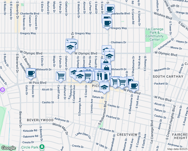map of restaurants, bars, coffee shops, grocery stores, and more near 1131 South Swall Drive in Los Angeles