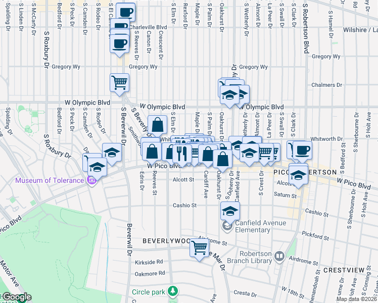 map of restaurants, bars, coffee shops, grocery stores, and more near in Los Angeles