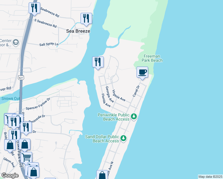 map of restaurants, bars, coffee shops, grocery stores, and more near 213 Virginia Avenue in Carolina Beach