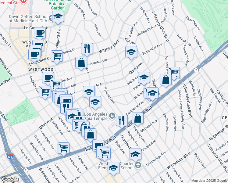 map of restaurants, bars, coffee shops, grocery stores, and more near 10664 Wilkins Avenue in Los Angeles