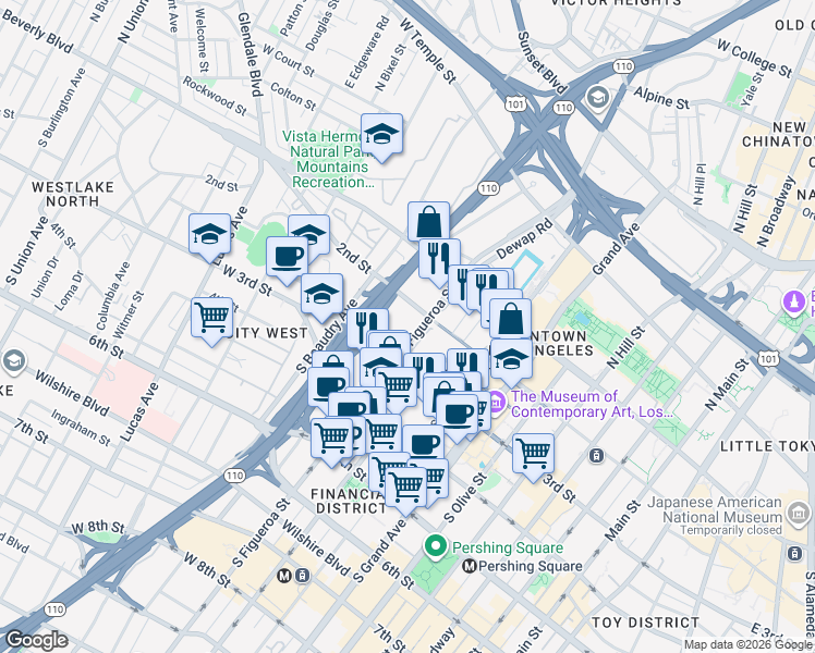 map of restaurants, bars, coffee shops, grocery stores, and more near 221 South Figueroa Street in Los Angeles