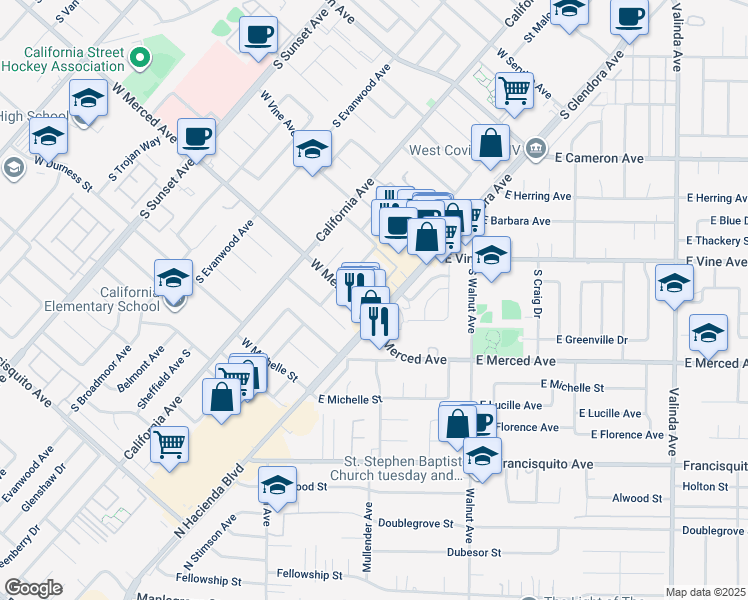 map of restaurants, bars, coffee shops, grocery stores, and more near 1131 South Glendora Avenue in West Covina