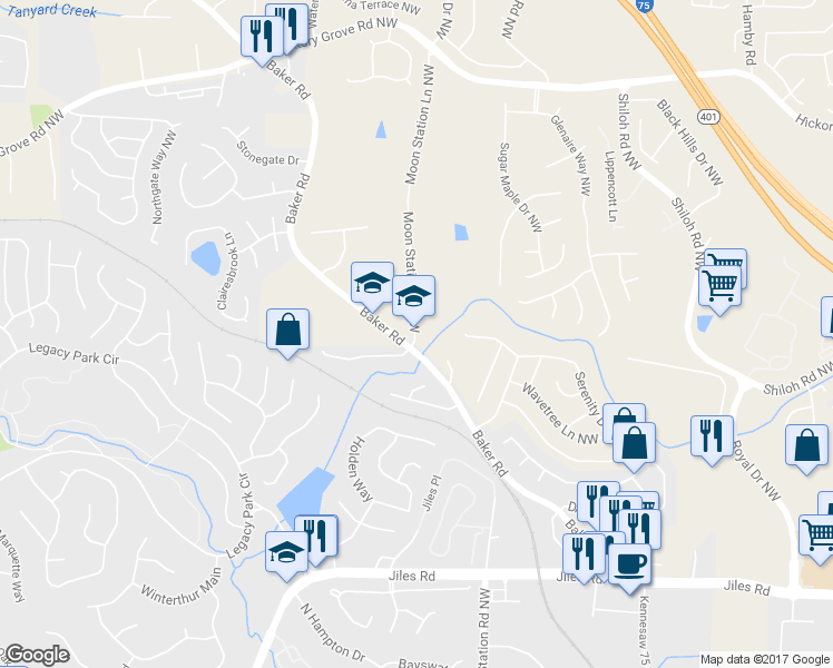 map of restaurants, bars, coffee shops, grocery stores, and more near 2320 Baker Road in Acworth
