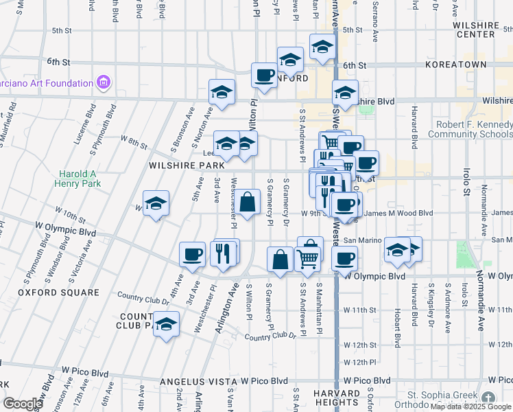 map of restaurants, bars, coffee shops, grocery stores, and more near 866 South Wilton Place in Los Angeles