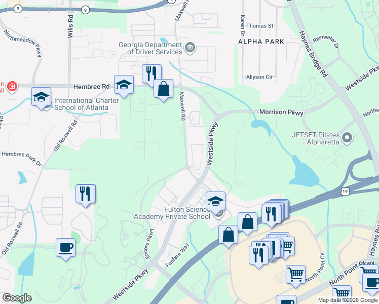 map of restaurants, bars, coffee shops, grocery stores, and more near 11266 Musette Circle in Alpharetta