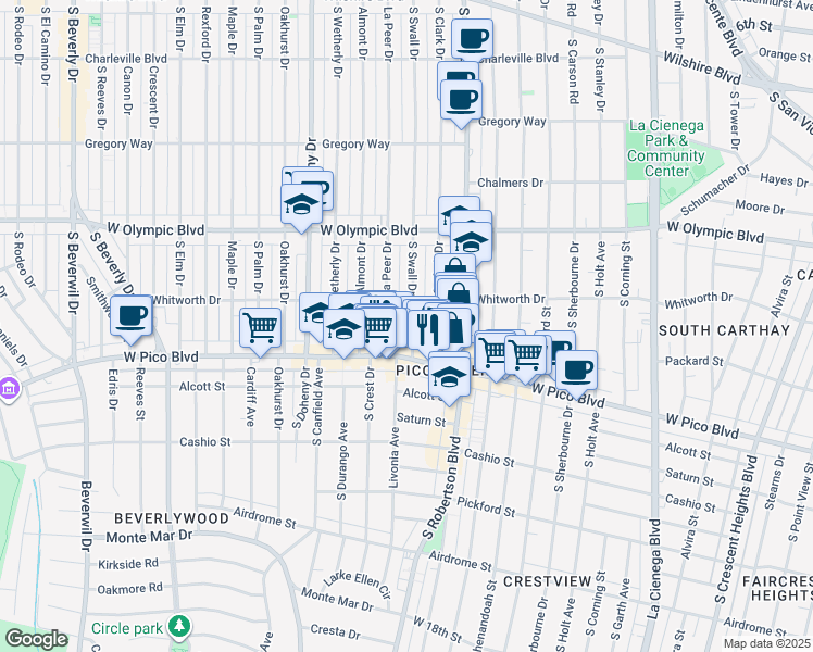 map of restaurants, bars, coffee shops, grocery stores, and more near 1131 South Swall Drive in Los Angeles