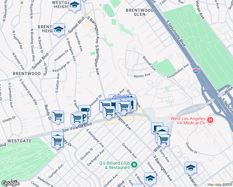 map of restaurants, bars, coffee shops, grocery stores, and more near 11645 Montana Avenue in Los Angeles