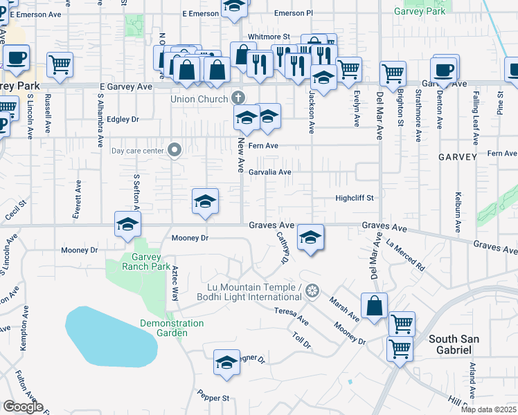 map of restaurants, bars, coffee shops, grocery stores, and more near 2421 Stevens Avenue in Rosemead