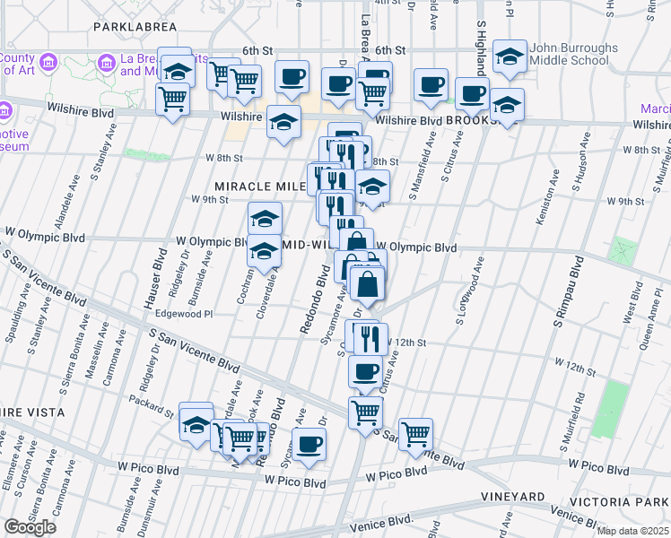map of restaurants, bars, coffee shops, grocery stores, and more near 1019 South La Brea Avenue in Los Angeles
