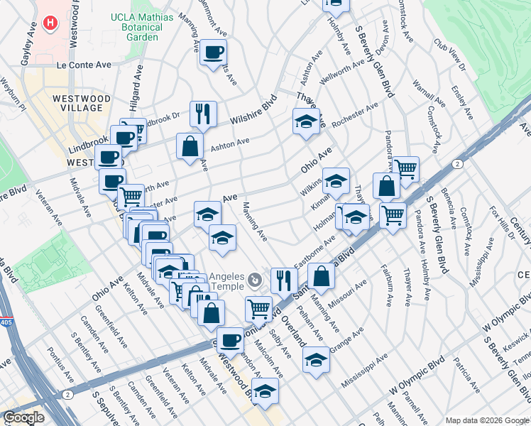 map of restaurants, bars, coffee shops, grocery stores, and more near 10664 Wilkins Avenue in Los Angeles