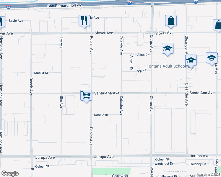 map of restaurants, bars, coffee shops, grocery stores, and more near 15816 Santa Ana Avenue in Fontana