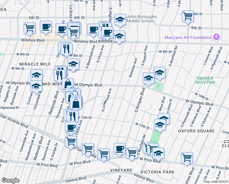 map of restaurants, bars, coffee shops, grocery stores, and more near 1025 South Tremaine Avenue in Los Angeles