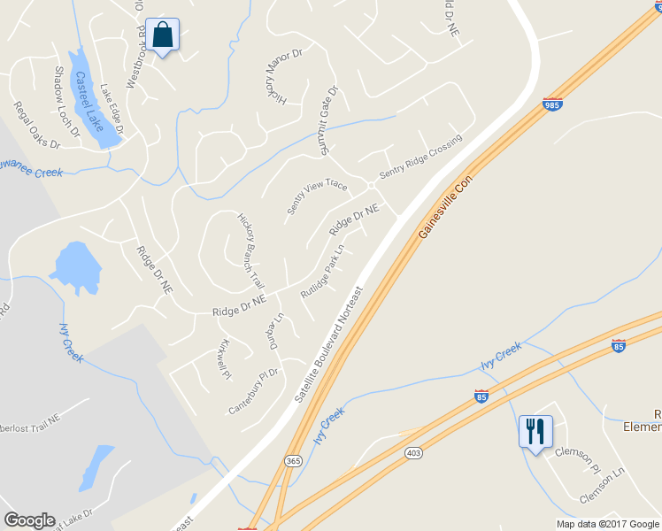 map of restaurants, bars, coffee shops, grocery stores, and more near 299 Rutlidge Park Lane in Suwanee