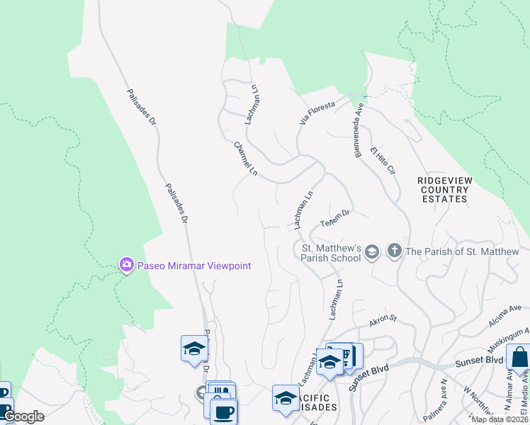 map of restaurants, bars, coffee shops, grocery stores, and more near 1046 Enchanted Way in Los Angeles