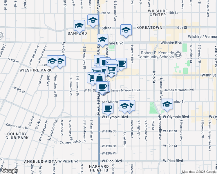 map of restaurants, bars, coffee shops, grocery stores, and more near 855 South Oxford Avenue in Los Angeles