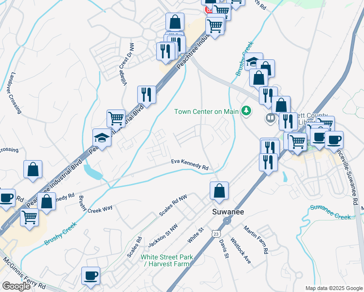 map of restaurants, bars, coffee shops, grocery stores, and more near 640 Stonepark Lane in Suwanee