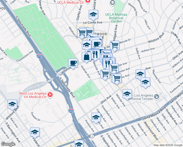map of restaurants, bars, coffee shops, grocery stores, and more near 10996 Wellworth Avenue in Los Angeles