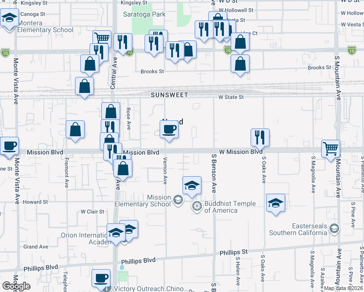 map of restaurants, bars, coffee shops, grocery stores, and more near 5570 West Mission Boulevard in Ontario