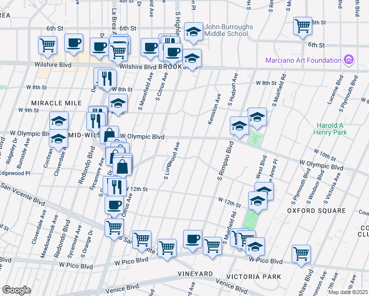 map of restaurants, bars, coffee shops, grocery stores, and more near 1025 South Tremaine Avenue in Los Angeles