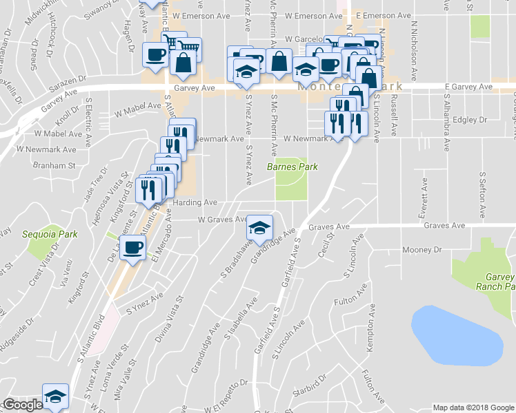 map of restaurants, bars, coffee shops, grocery stores, and more near 424 Harding Avenue in Monterey Park