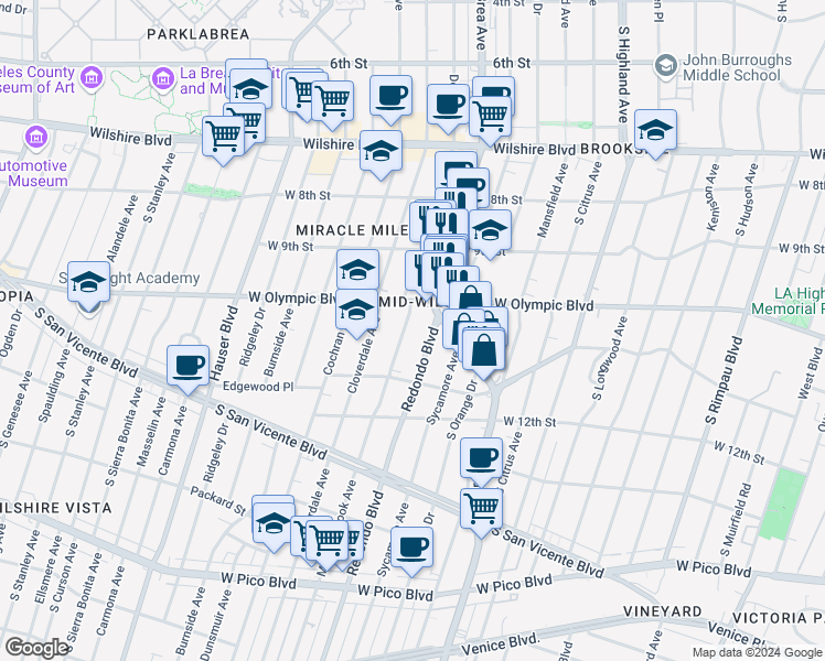 map of restaurants, bars, coffee shops, grocery stores, and more near 1028 Meadowbrook Avenue in Los Angeles