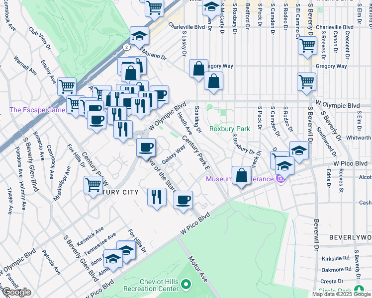 map of restaurants, bars, coffee shops, grocery stores, and more near 2220 Galaxy Way in Los Angeles