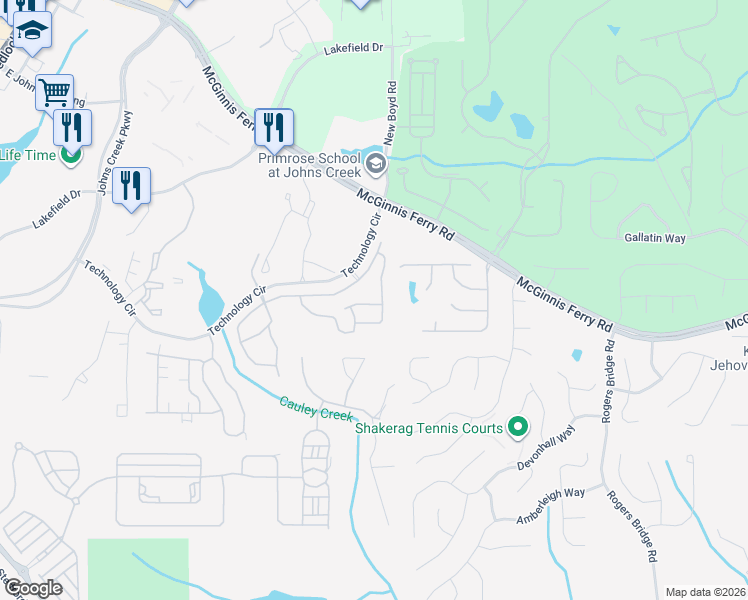 map of restaurants, bars, coffee shops, grocery stores, and more near 586 Walkers Lane in Johns Creek