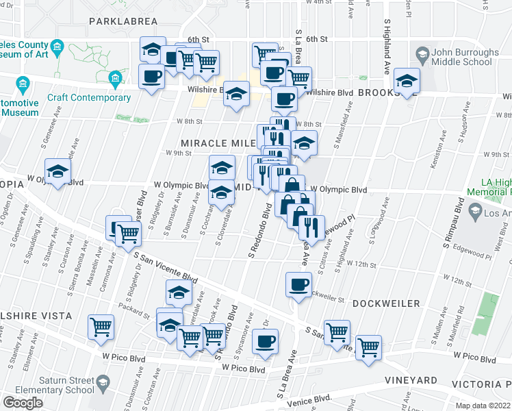 map of restaurants, bars, coffee shops, grocery stores, and more near 1028 Meadowbrook Avenue in Los Angeles