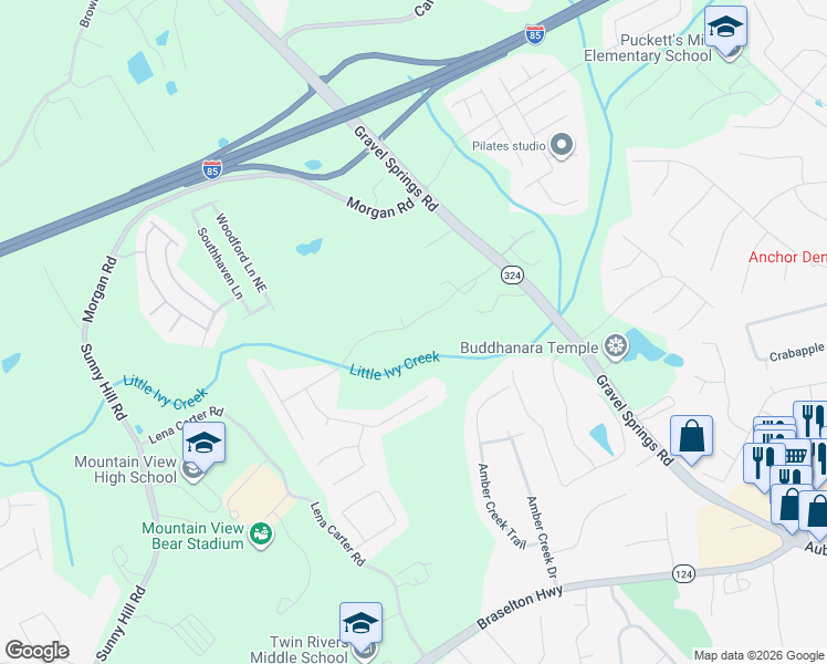 map of restaurants, bars, coffee shops, grocery stores, and more near 2465 Kirkstone Drive in Buford