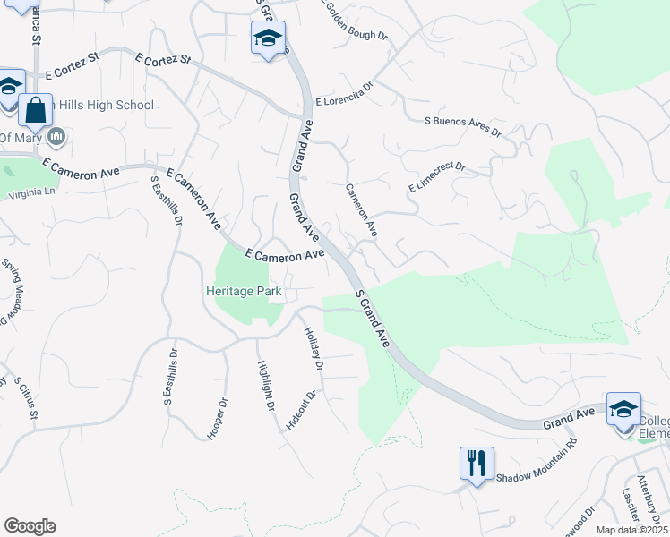 map of restaurants, bars, coffee shops, grocery stores, and more near 19742 Cameron Avenue in Covina