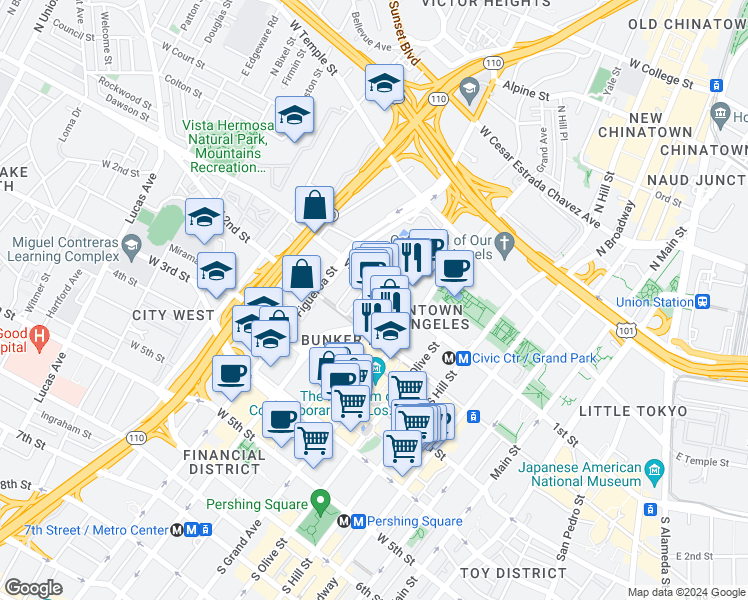 map of restaurants, bars, coffee shops, grocery stores, and more near 121 South Hope Street in Los Angeles