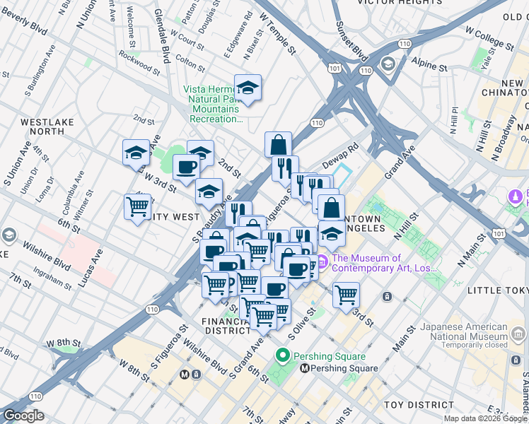 map of restaurants, bars, coffee shops, grocery stores, and more near 235 South Figueroa Street in Los Angeles