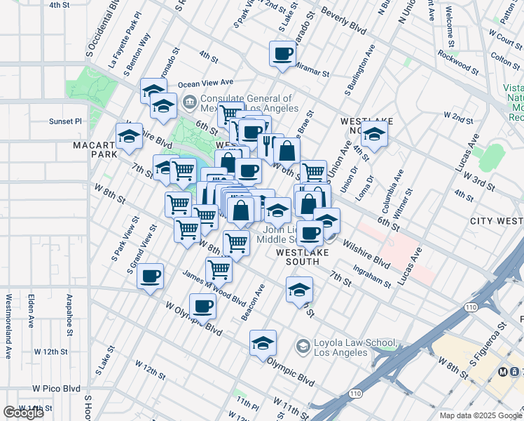 map of restaurants, bars, coffee shops, grocery stores, and more near 676 South Bonnie Brae Street in Los Angeles