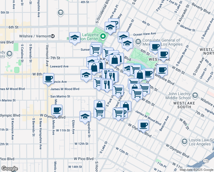 map of restaurants, bars, coffee shops, grocery stores, and more near 826 South Carondelet Street in Los Angeles