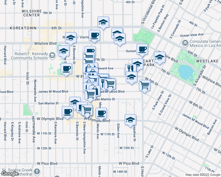 map of restaurants, bars, coffee shops, grocery stores, and more near 2761 West 9th Street in Los Angeles