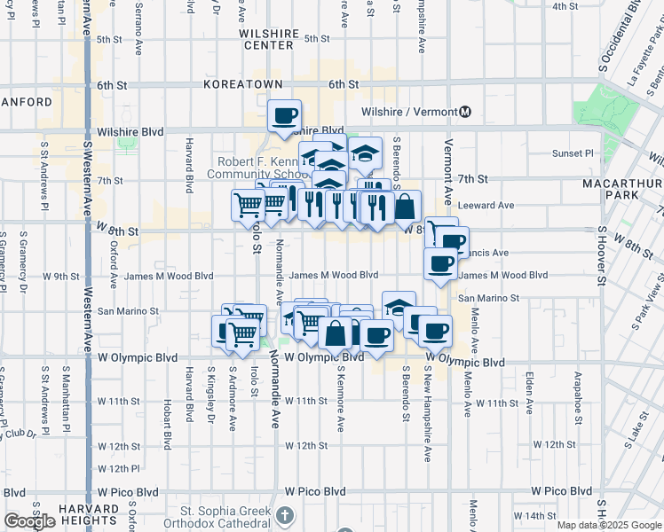 map of restaurants, bars, coffee shops, grocery stores, and more near 3089 West 9th Street in Los Angeles