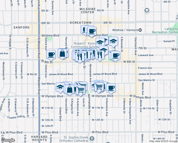 map of restaurants, bars, coffee shops, grocery stores, and more near 3219 James M Wood Boulevard in Los Angeles