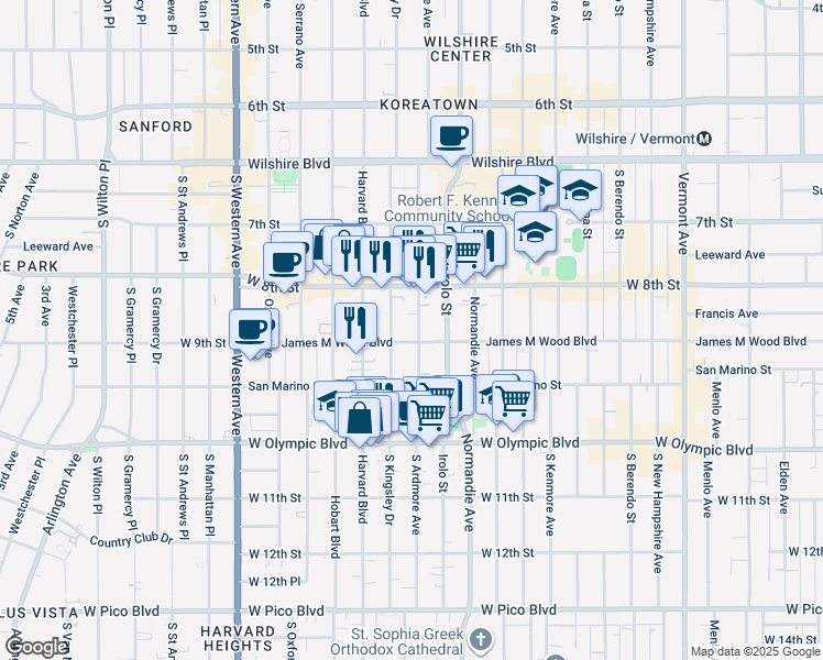 map of restaurants, bars, coffee shops, grocery stores, and more near 869 South Ardmore Avenue in Los Angeles