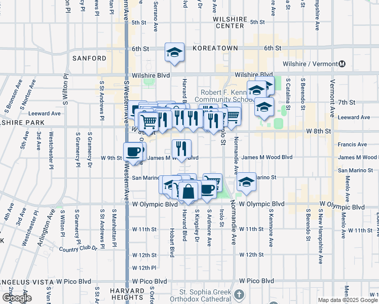 map of restaurants, bars, coffee shops, grocery stores, and more near 3301 James M Wood Boulevard in Los Angeles
