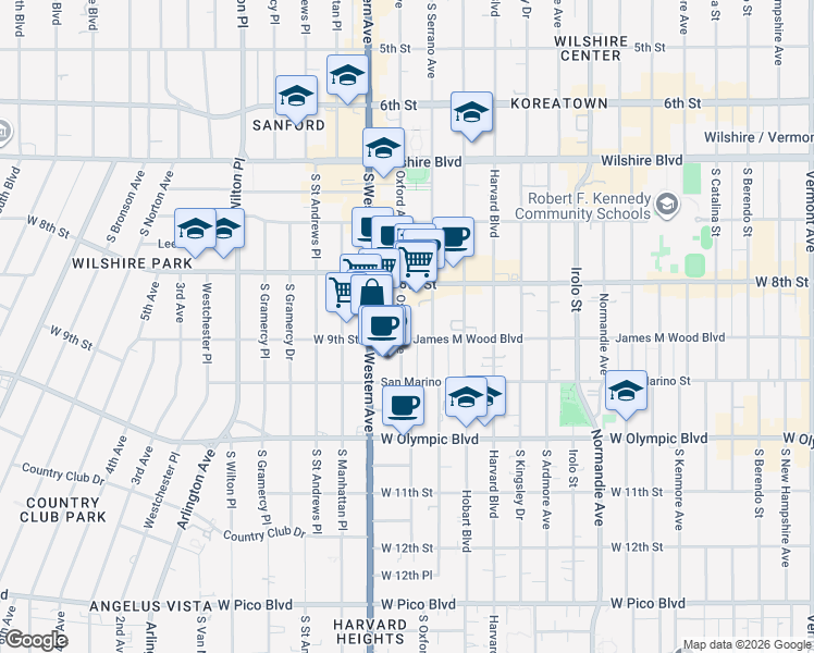 map of restaurants, bars, coffee shops, grocery stores, and more near 855 South Oxford Avenue in Los Angeles