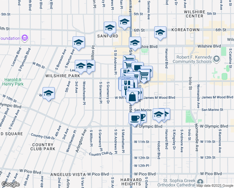 map of restaurants, bars, coffee shops, grocery stores, and more near 864 South Saint Andrews Place in Los Angeles